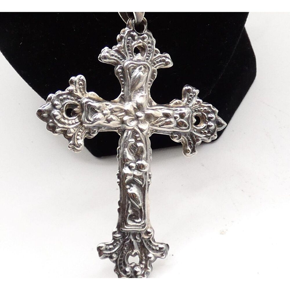 Vintage Sterling Repousse Flower Design Large Cross 20" Pendant Necklace 23.09g